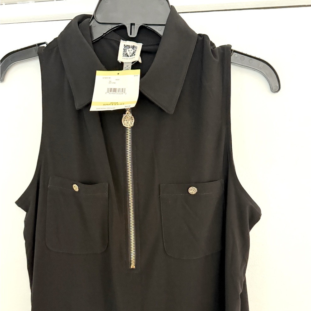 Anne Klein Black Sleeveless V-Neck Blouse with Gold Zipper Accents. Medium NWT